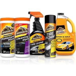 imageArmor All Clean and Shine Car Kit 5 Pieces Includes Car Protectant Wipes Car Cleaning Wipes Ultra Shine Wash and Wax Extreme Tire Shine Spray and Tire Foam Protectant Car Wash Kit